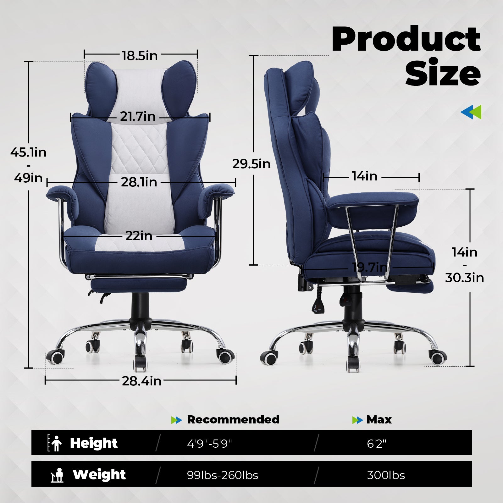 Product size infographic with two chairs