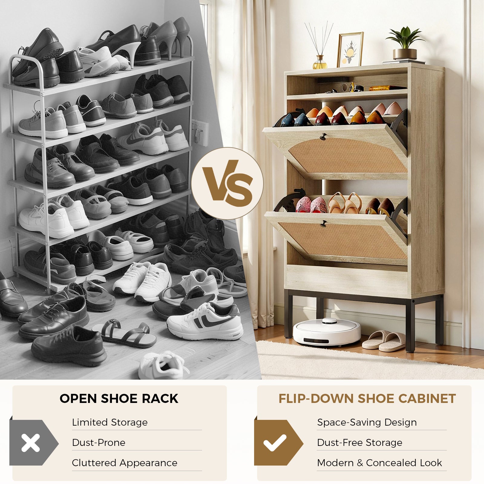 Shoe Storage Cabinet with 2 Flip Drawers & Charging Station