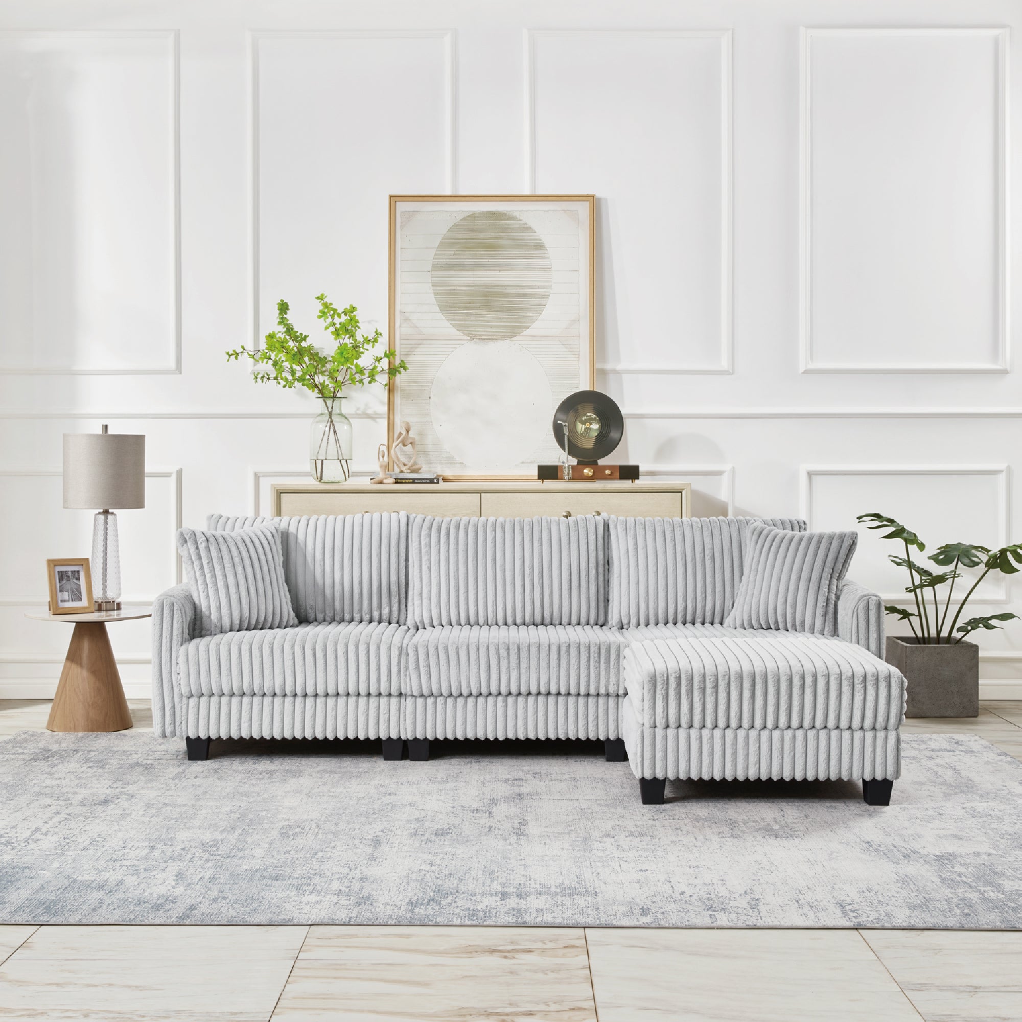 95/2000 
Soft vertical corduroy fabric sofa, with L-shaped modular transformable sofa, built-in dual charging ports at the armrest, and a footst that can be placed freely anywhere