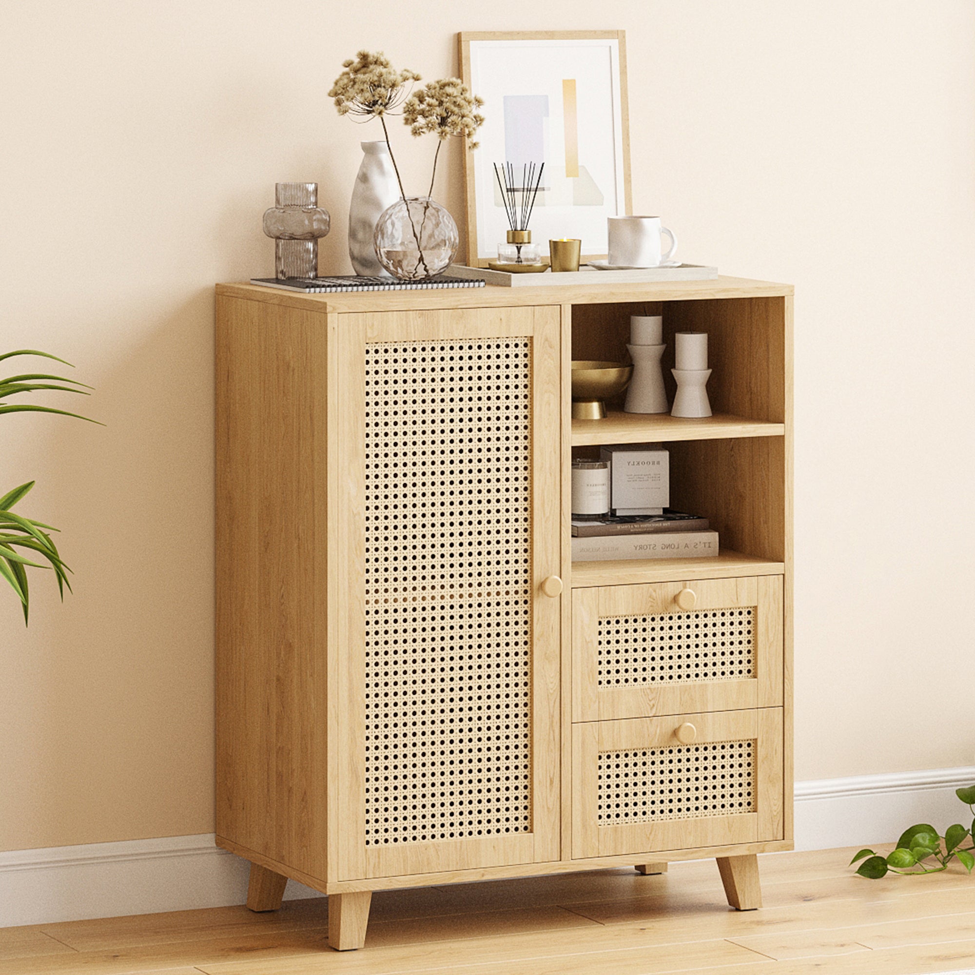 Rattan Buffet Cabinet with Adjustable Shelf, Sideboard with Drawers for Living Room, Kitchen, Entryway