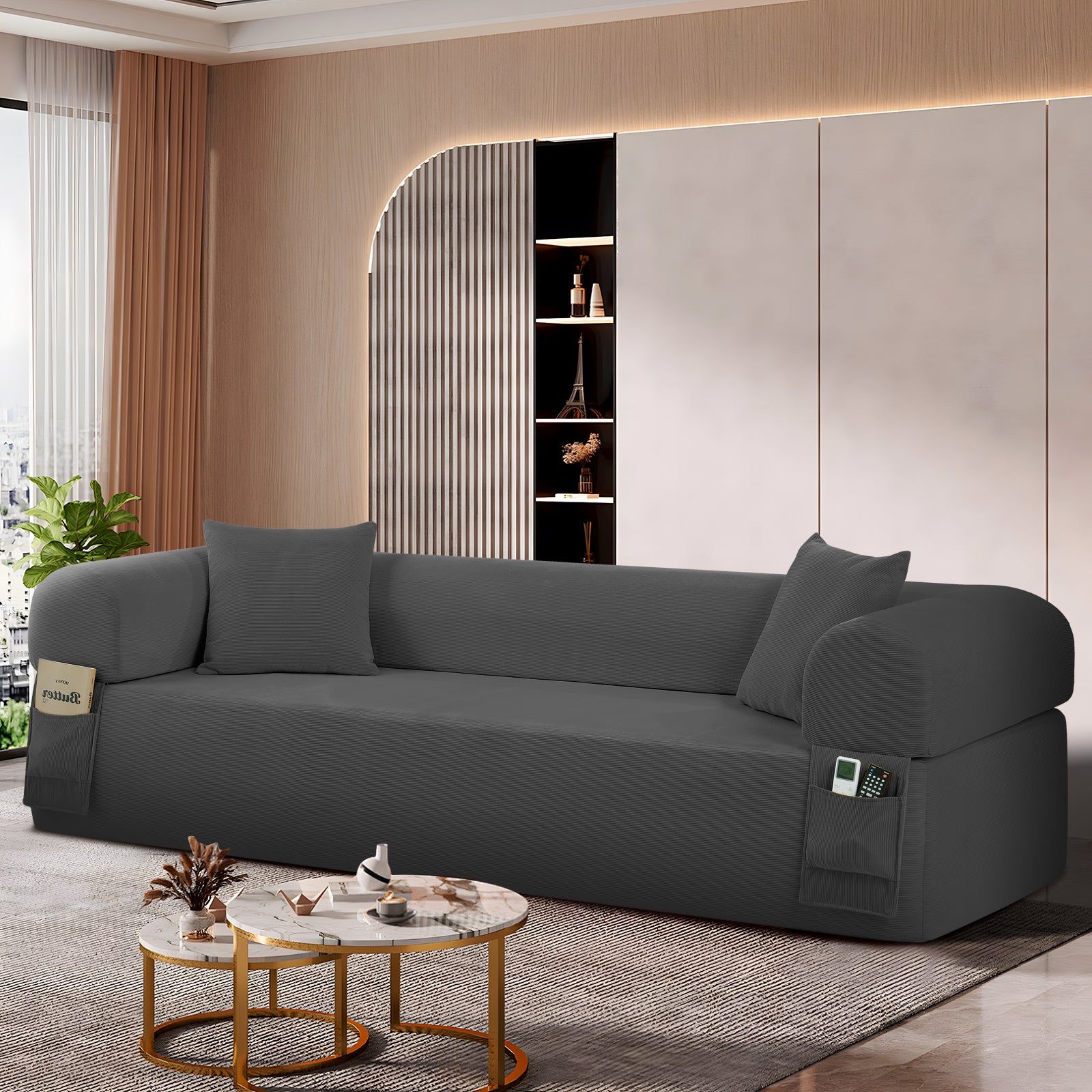 Spring Sofa with High-Quality Fabric, Pillows & Storage - Pocketed Springs, High-Density Foam, for Living Room, Apartment or Studics,Gray.