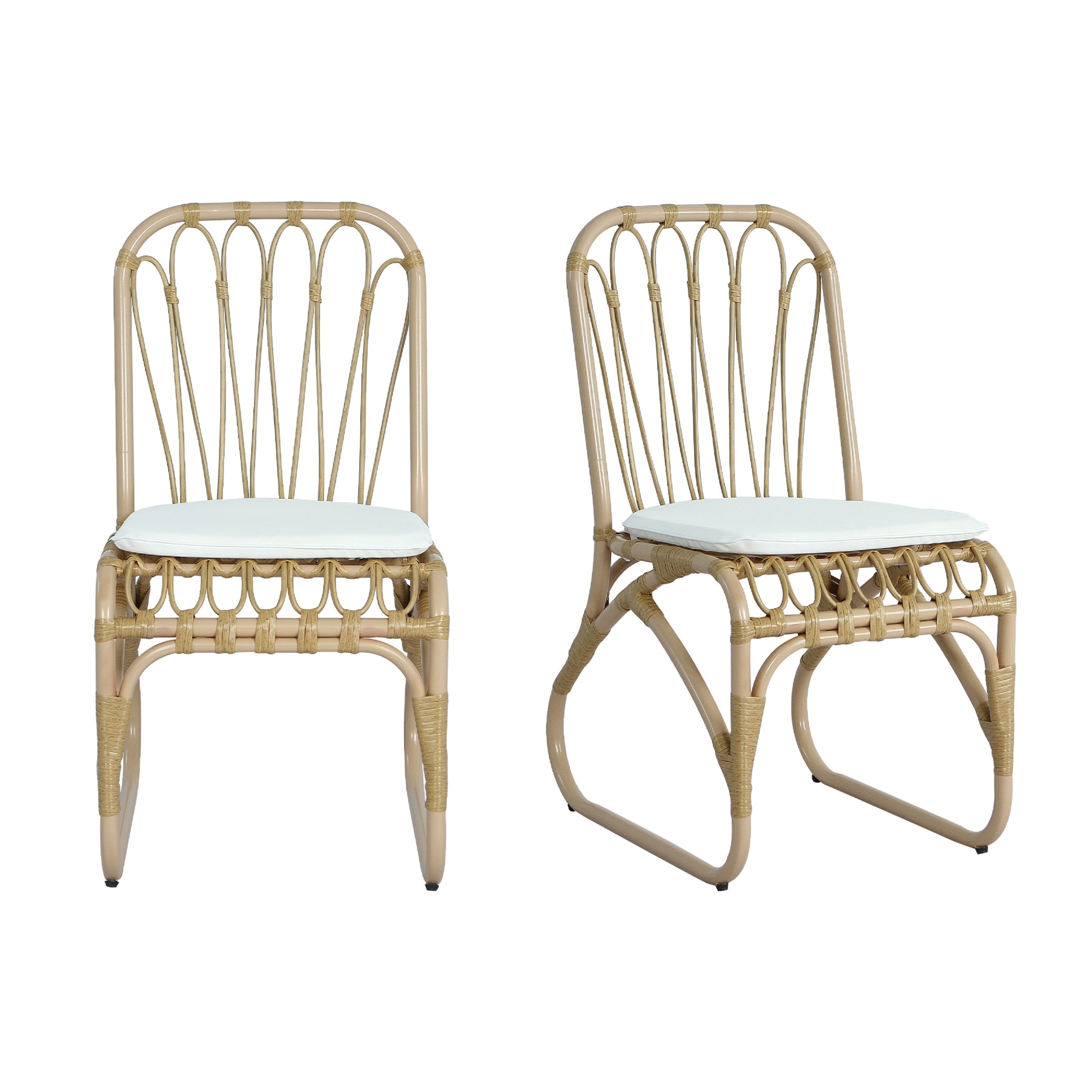 Outdoor PE Wicker Dining Chairs with Washable Cushion Set of 2, Durable Rattan Chairs for Patio, Natural Color