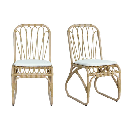 Outdoor PE Wicker Dining Chairs with Washable Cushion Set of 2, Durable Rattan Chairs for Patio, Natural Color