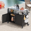 K&K 54.5' Outdoor Kitchen Island with Stainless Steel Tabletop, Metal Grill Cart Table with Storage Cabinet, Spice Rack and Towel Rack, Outdoor Bar Cart with 4 Lockable Wheels for Outside BBQ