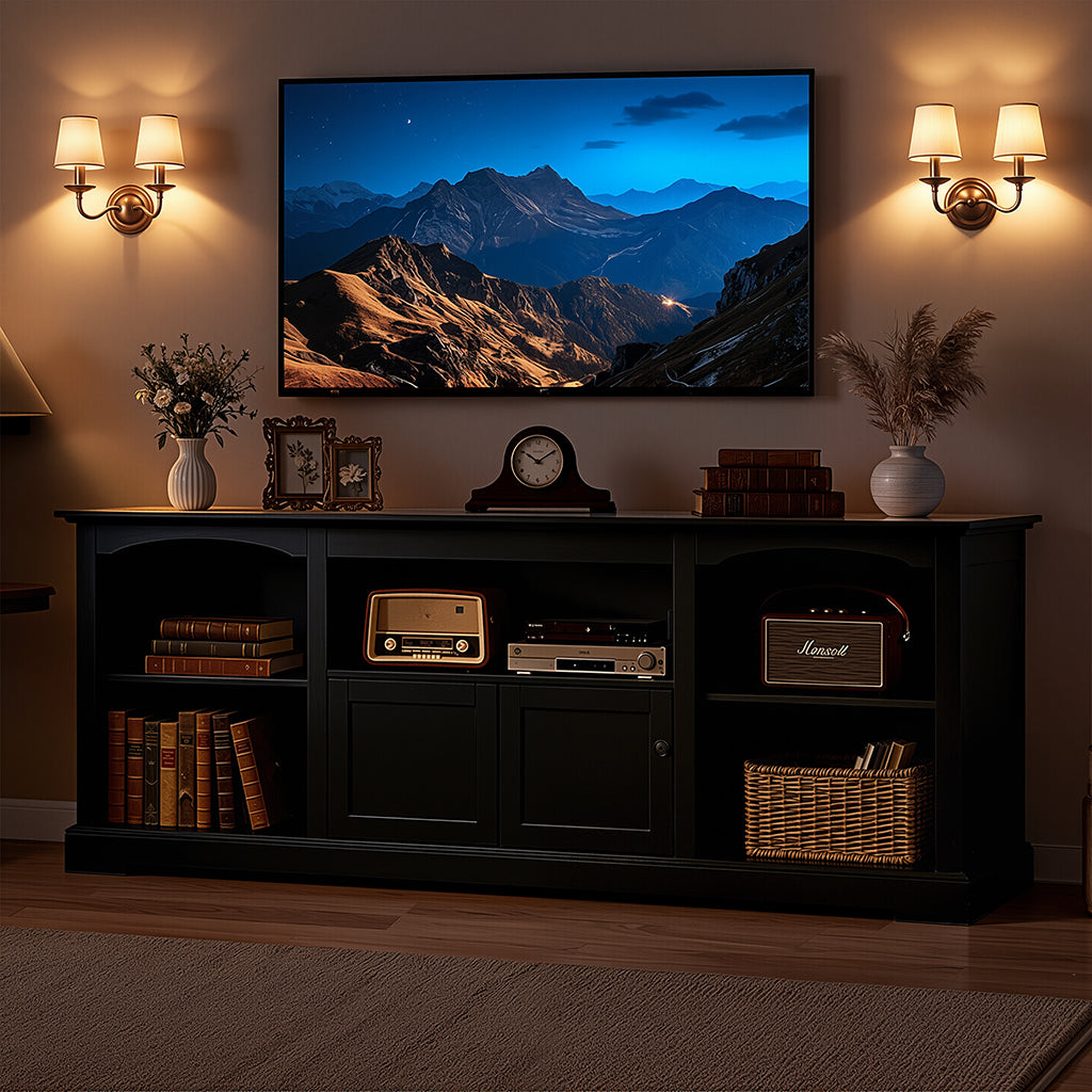 COMHOMA 71"/70"/59" TV Stand up to 80 Inch TV, Modern Farmhouse Entertainment Center with Open Storage Shelves and Cable Management Holes for Living Room H1004