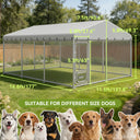Outdoor dog kennel with metal frame and mesh fencing, white all-weather roof, and labeled dimensions, set in a backyard garden with various dog breeds pictured below and text "Suitable for different size dogs