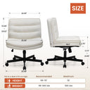 Front and side views of a white ergonomic armless office chair with measurements and size recommendations, suitable for desks 61 cm high and weights 99 to 300 lbs, shown with black caster wheels and base, ideal for office and game settings.