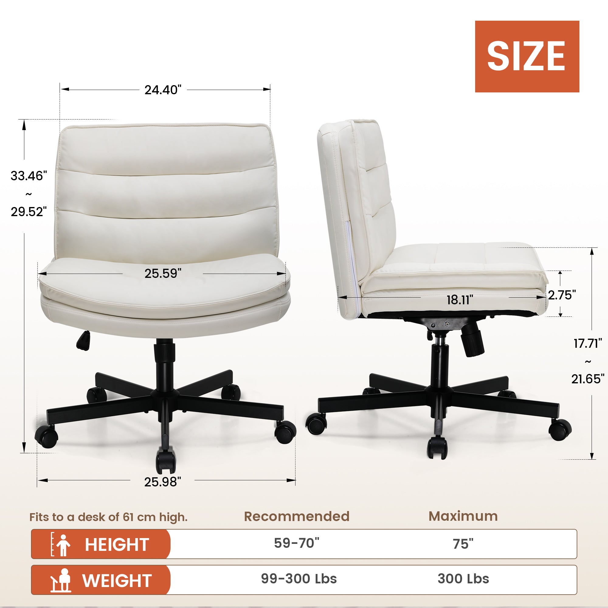 Front and side views of a white ergonomic armless office chair with measurements and size recommendations, suitable for desks 61 cm high and weights 99 to 300 lbs, shown with black caster wheels and base, ideal for office and game settings.