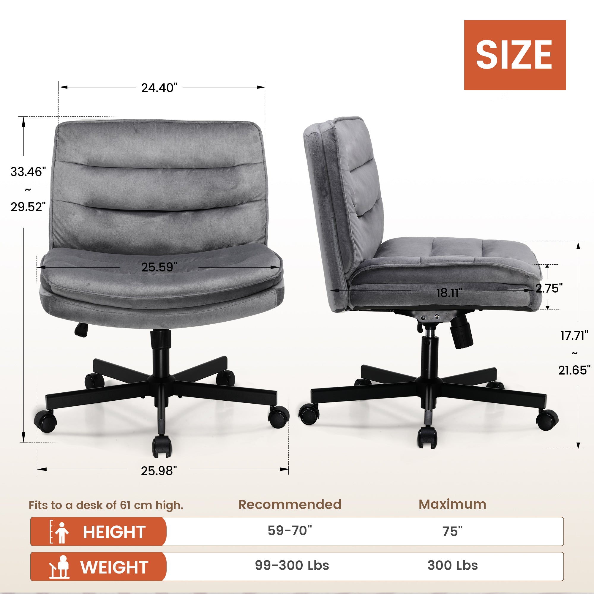 COMHOMA Armless Adjustable Criss Cross Vanity Computer Chair CH310