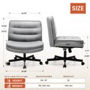 Front and side views of an adjustable office chair with cushioned low backrest and seat, showing detailed dimensions and recommended user height and weight for ergonomic office use.