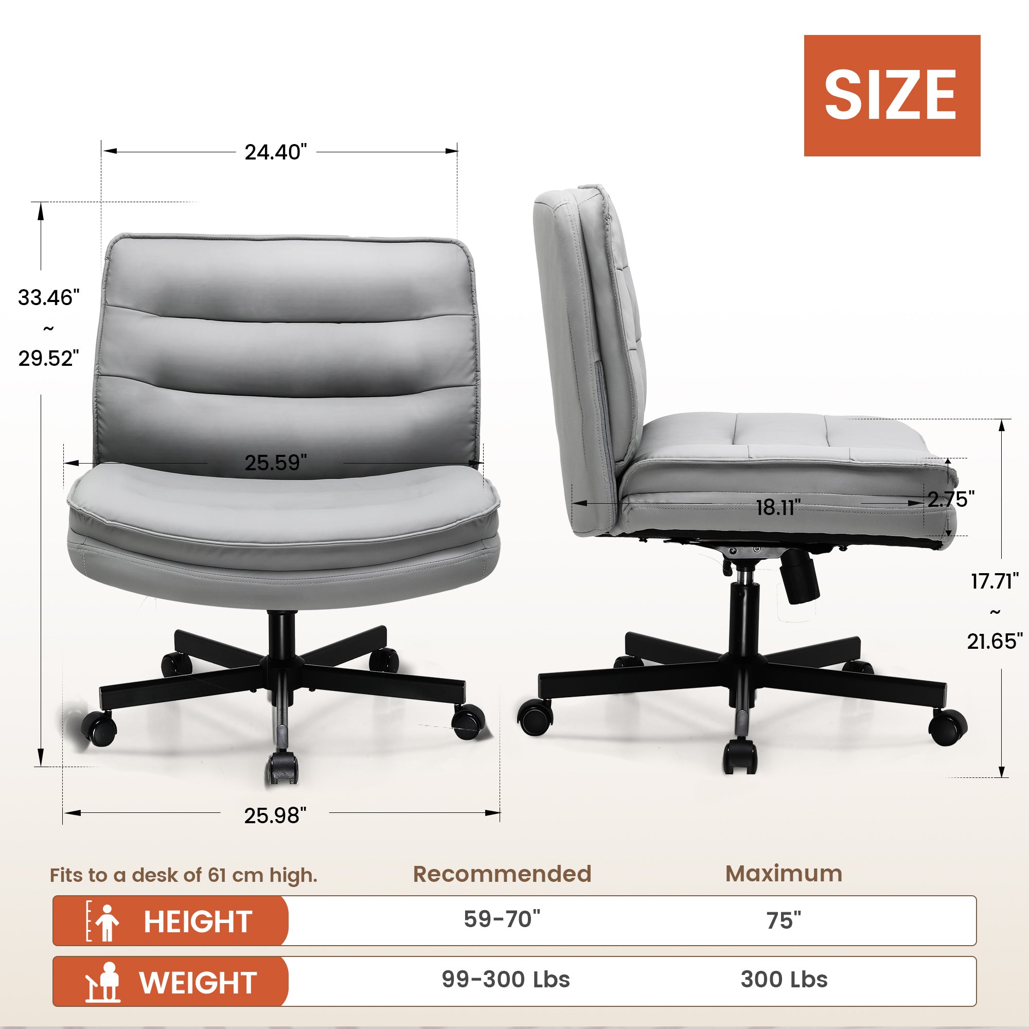 Front and side views of an adjustable office chair with cushioned low backrest and seat, showing detailed dimensions and recommended user height and weight for ergonomic office use.