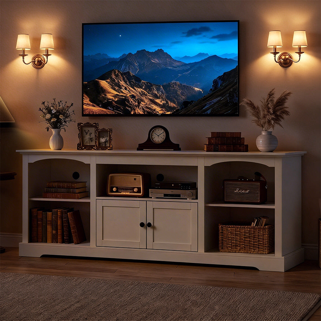 COMHOMA 71"/70"/59" TV Stand up to 80 Inch TV, Modern Farmhouse Entertainment Center with Open Storage Shelves and Cable Management Holes for Living Room H1004