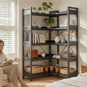 COMHOMA 5-Tier/6-Tier Corner Bookshelf, L-Shaped Metal Frame Shelf with Tall 14" Shelves HBOK1