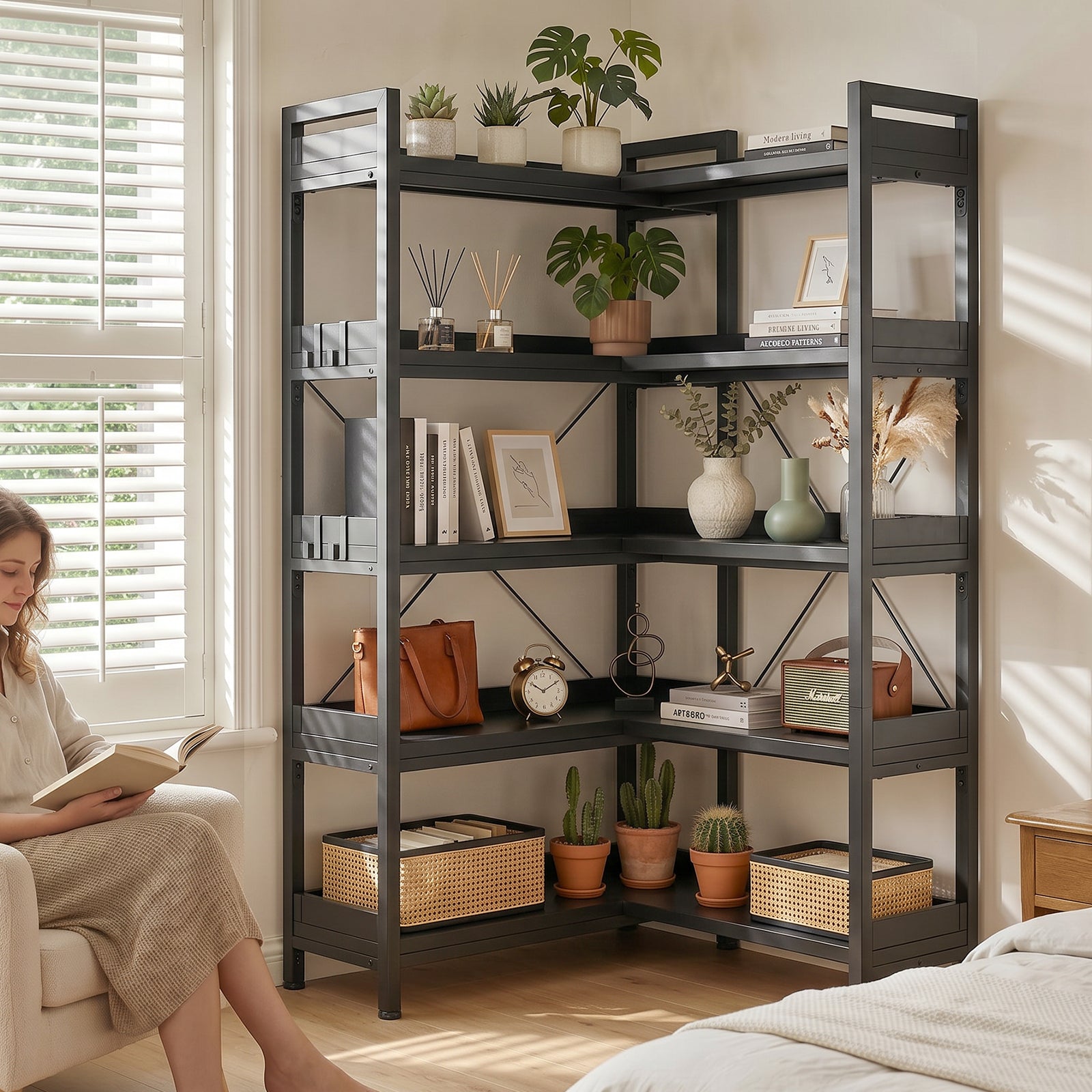 COMHOMA 5-Tier/6-Tier Corner Bookshelf, L-Shaped Metal Frame Shelf with Tall 14" Shelves HBOK1