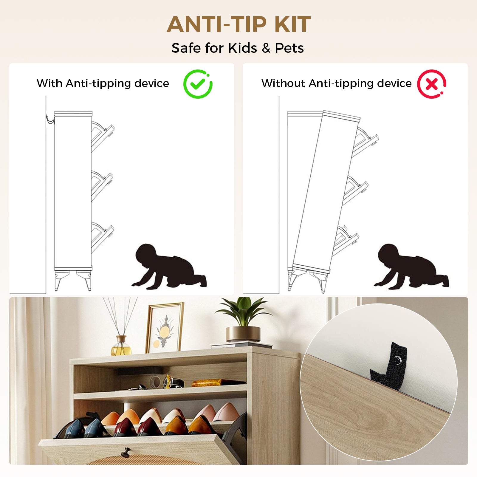 Shoe Storage Cabinet with 2 Flip Drawers & Charging Station