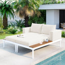 TOPMAX Modern Outdoor Daybed Patio Metal Daybed with Wood Topped Side Spaces for Drinks, 2 in 1 Padded Chaise Lounges for Poolside, Balcony, Deck, Beige