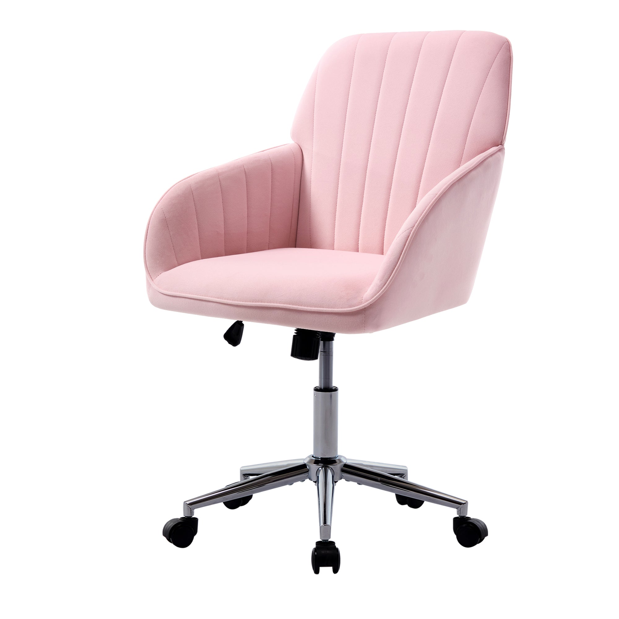 Baby pink velvet ergonomic office chair with adjustable swivel and lumbar support, designed for comfortable use in home or bedroom settings.
