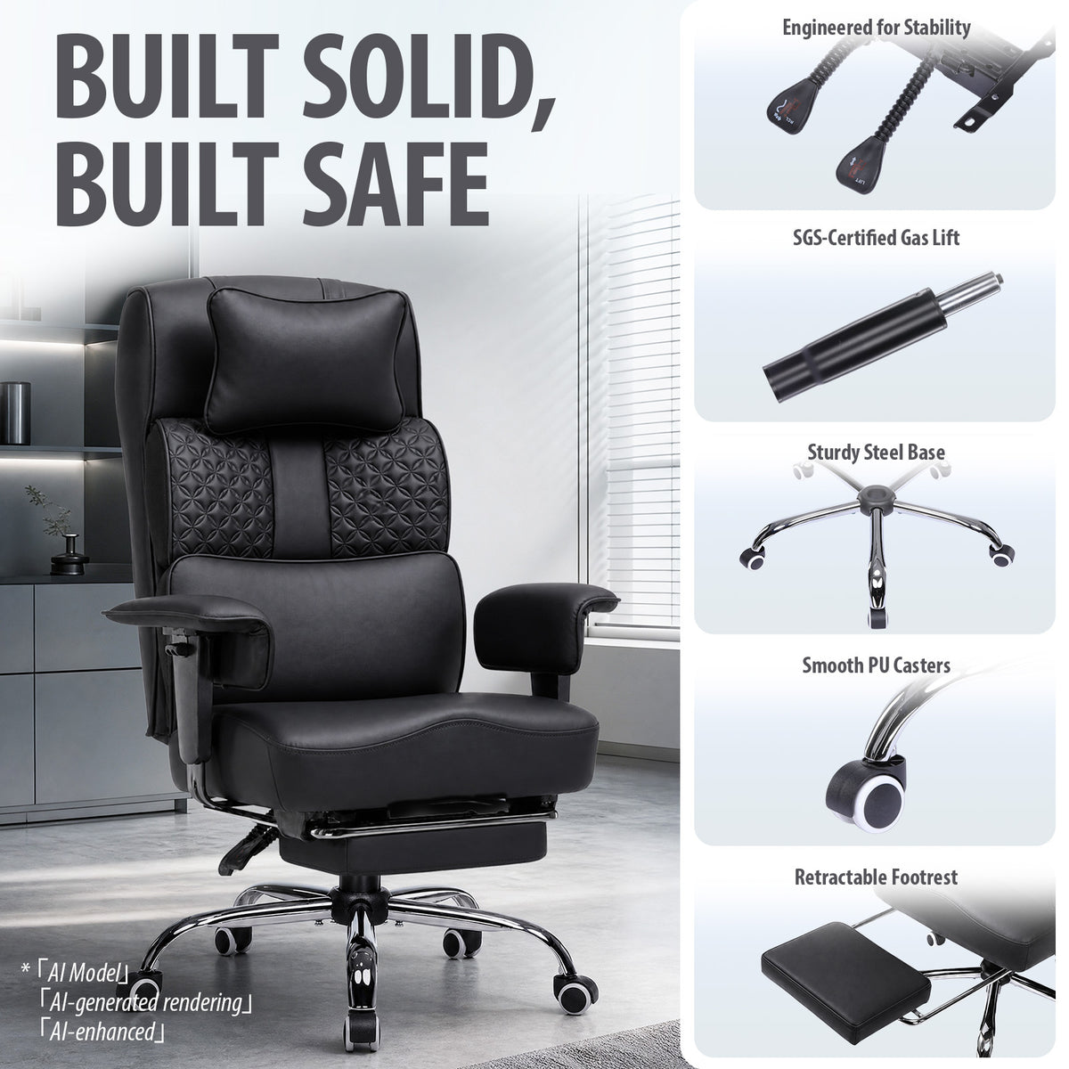 Cloudrest Pro® Big Tall Office Chair 400lbs with Built-In Lumbar Support, Footrest & Pillow CH620-SP