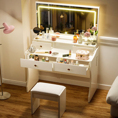 Comhoma Makeup Vanity Desk with Mirror and Lights, Vanity Table and Chair Set with 5 Drawers and Charging Station, White Comhoma Makeup Vanity Desk with Mirror and Lights, Vanity Table and Chair Set with 5 Drawers and Charging Station, White
