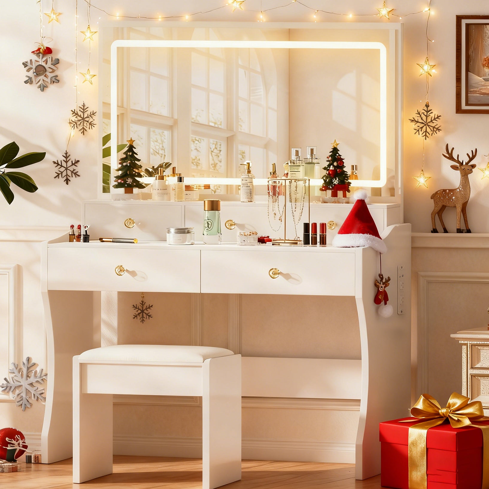 COMHOMA Makeup Vanity Table and Chair Set with 5 Drawers and Charging Station, Mirror and Lights Included B200