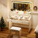 COMHOMA Makeup Vanity Table and Chair Set with 5 Drawers and Charging Station, Mirror and Lights Included B200