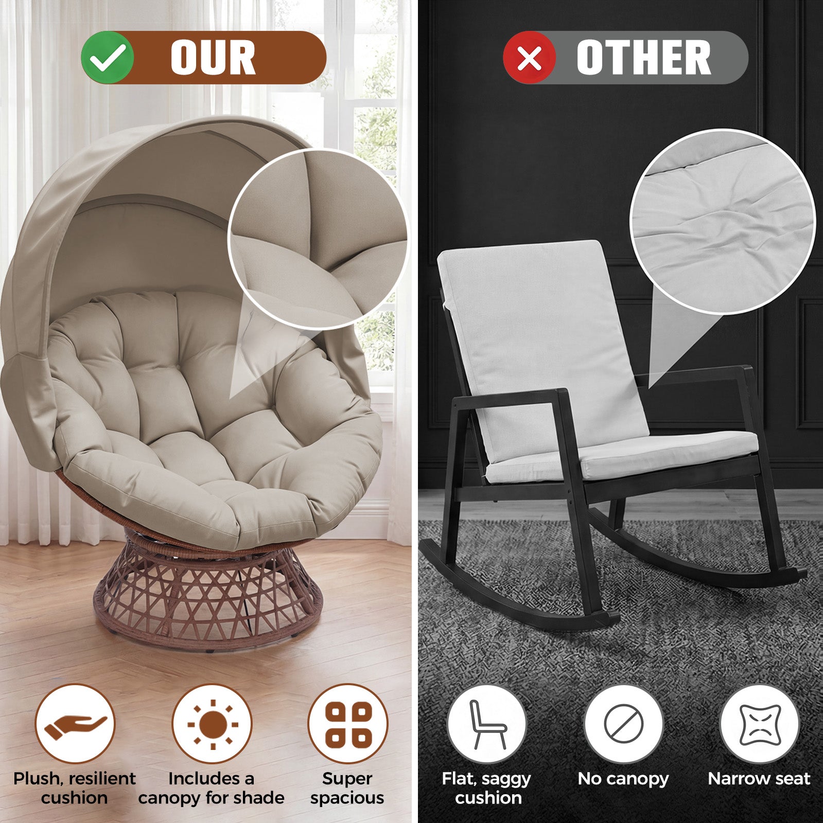 COMHOMA® Outdoor Rocking Papasan Chair, Oversized Wicker Patio Rocker OT-CH03