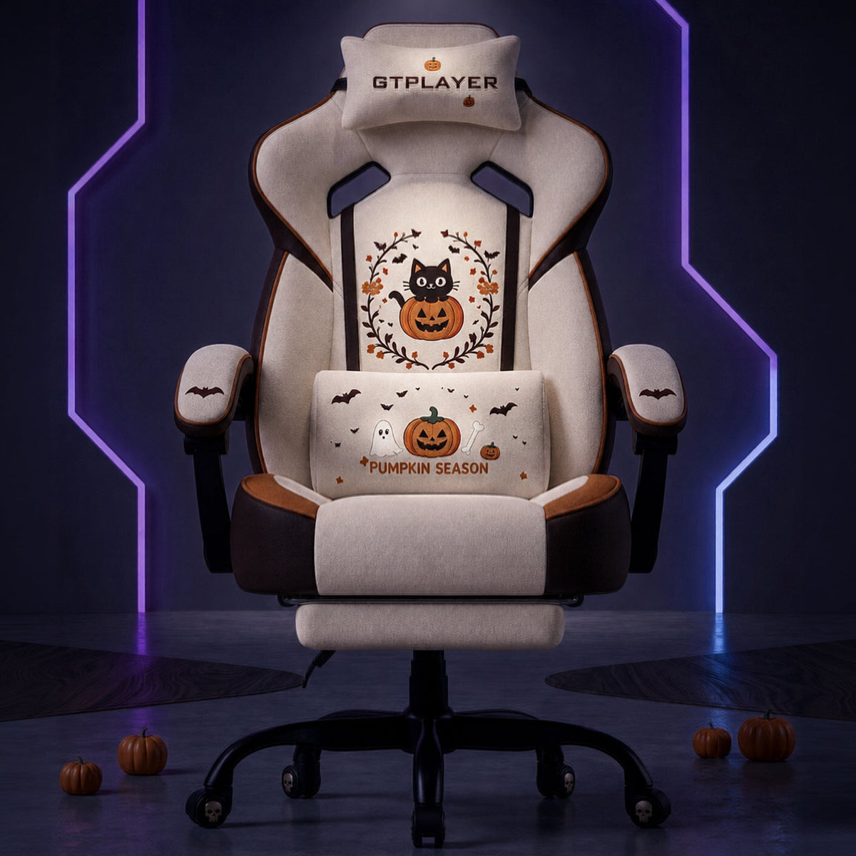 Halloween Cat-Pumpkin Edition | Ergonomic Chair with Pillow & Footrest