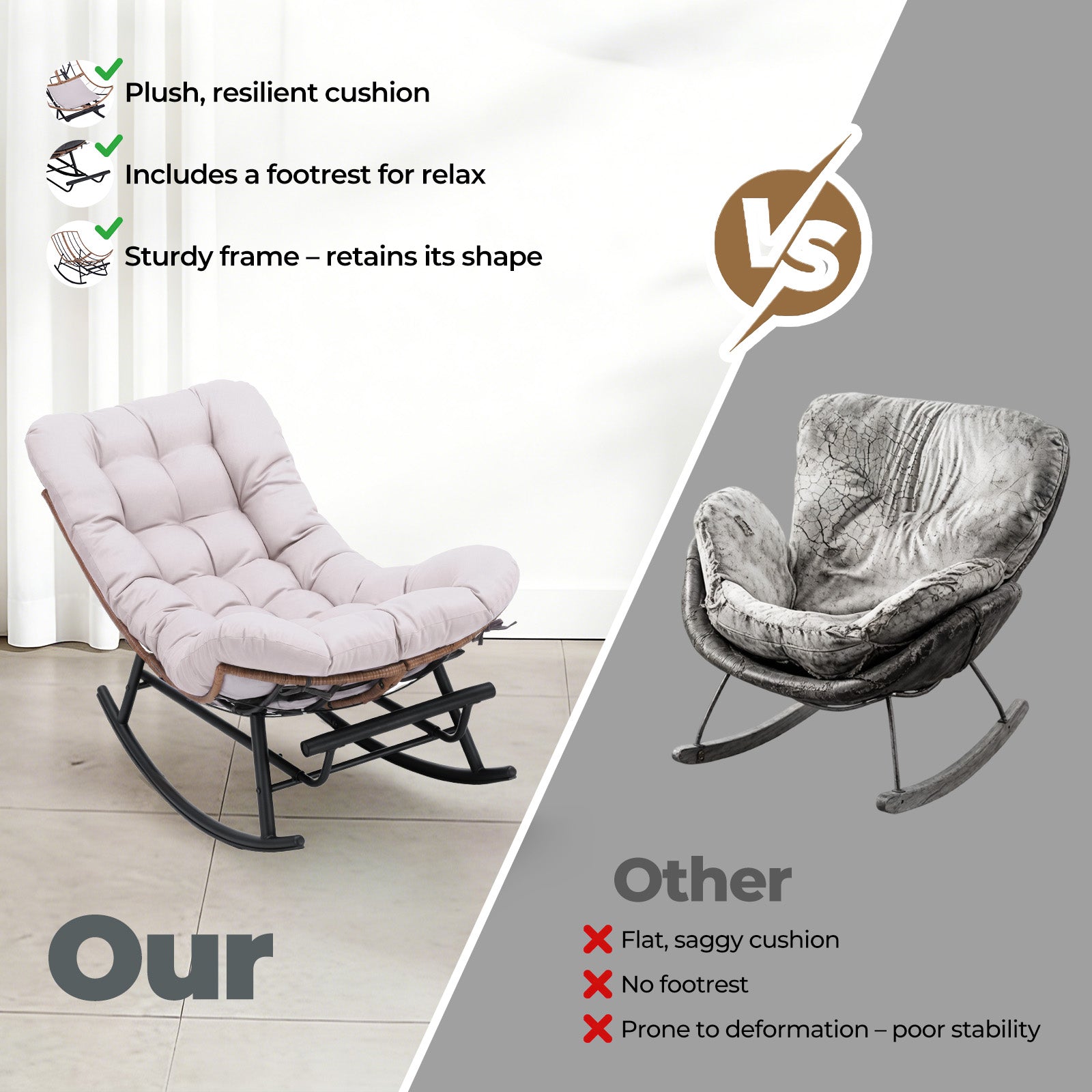 COMHOMA Outdoor Rocking Papasan Chair, Oversized Wicker Patio Rocker OT-CH03