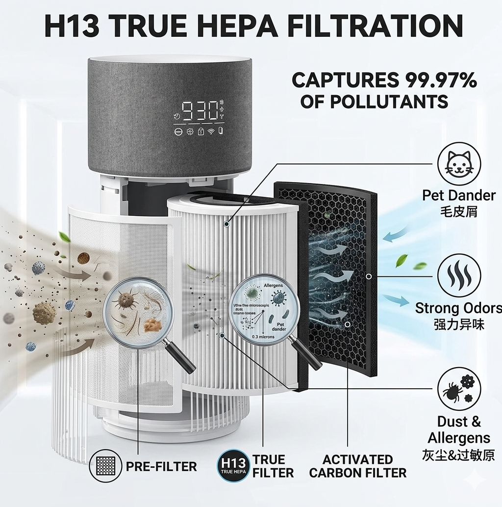 2-in-1 Pet Air Purifier for 1076 Sq. Ft Large Rooms, H13 True HEPA Filter Removes 99.97% of Odors/Dander/Smoke, Bonus Cat Scratcher Cover DX-APUR1