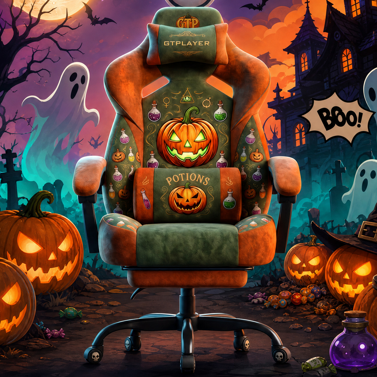 Halloween PUMPKIN ALCHEMIST Edition | Ergonomic Chair with Pillow & Footrest