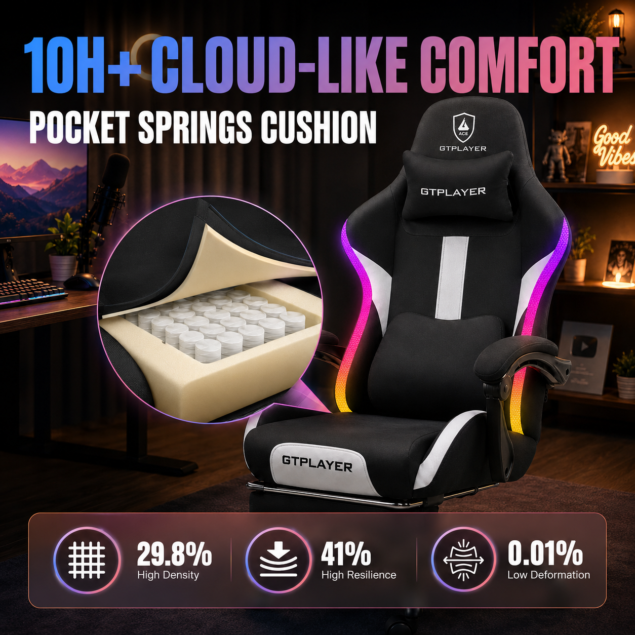 GTPLAYER Fabric Gaming Chair with Footrest, LED Lights, Comfy Chair - AMZ