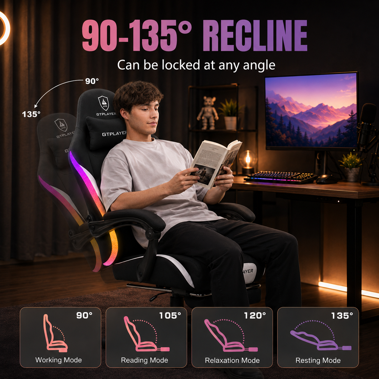 GTPLAYER Fabric Gaming Chair with Footrest, LED Lights, Comfy Chair - AMZ