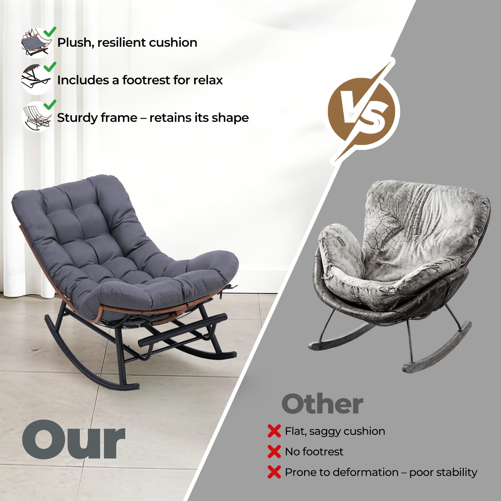COMHOMA Outdoor Rocking Papasan Chair, Oversized Wicker Patio Rocker OT-CH03