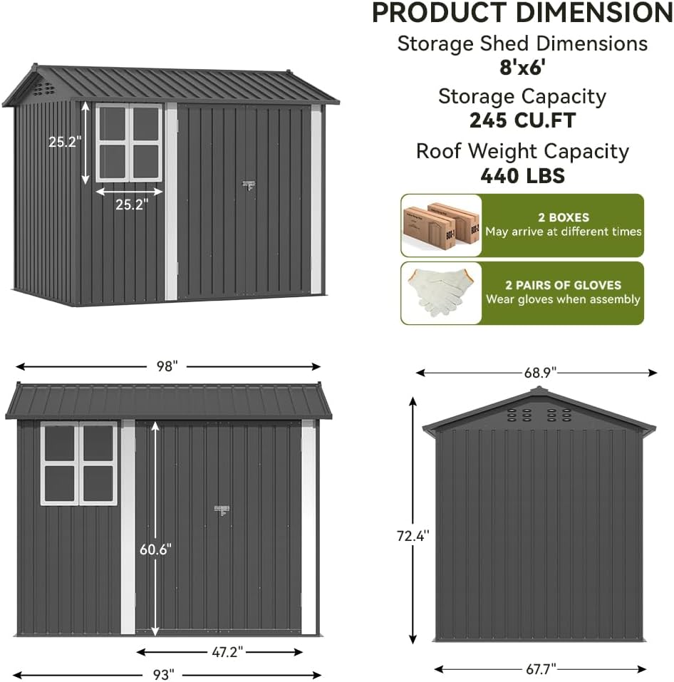 8*6 FT COMHOMA Metal Storage Tool Shed With Window & Lockable Door, OT-TL01