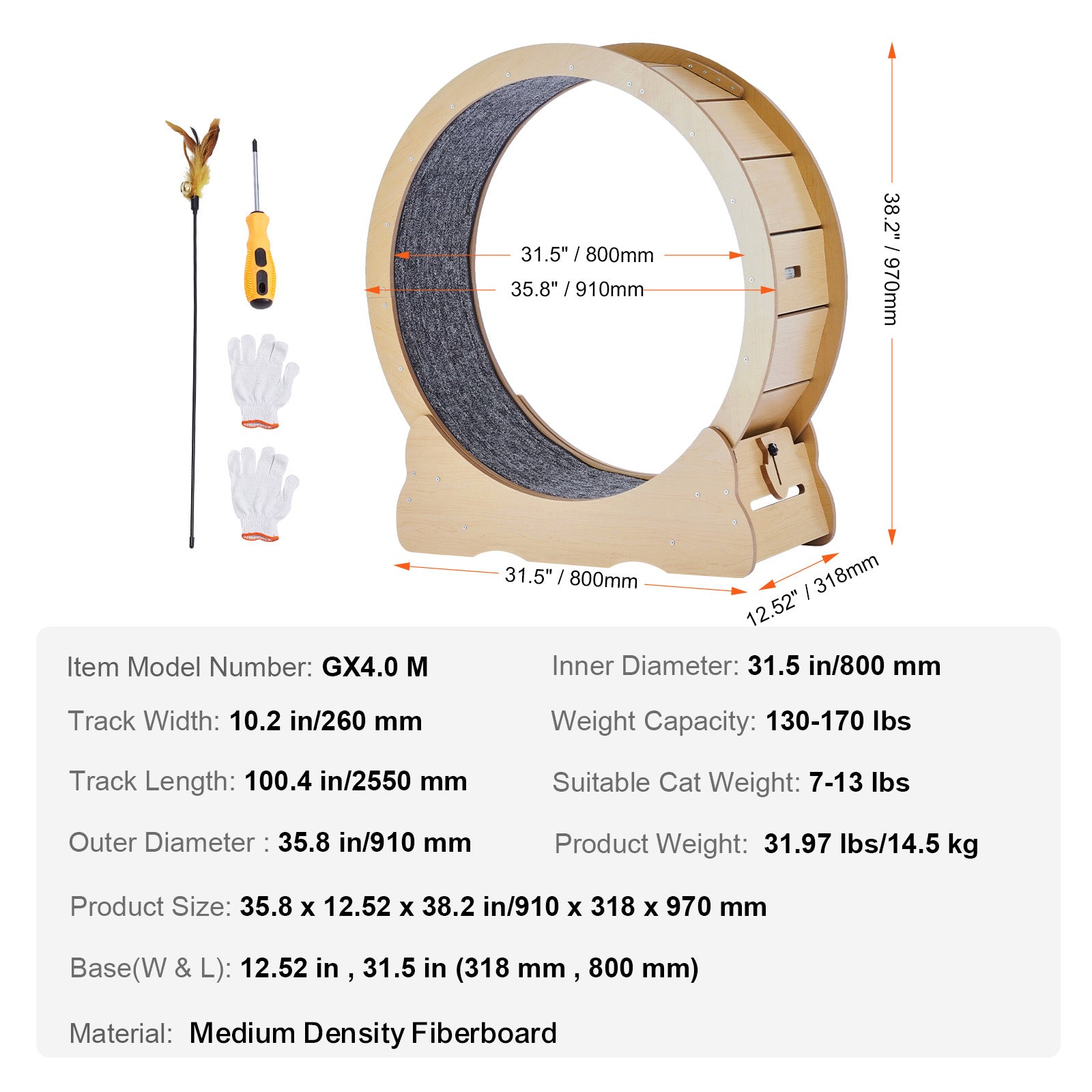 GTRACING Large Cat Exercise Wheel with Detachable Carpet & Teaser/Stickers, PET-CEW01-BLK