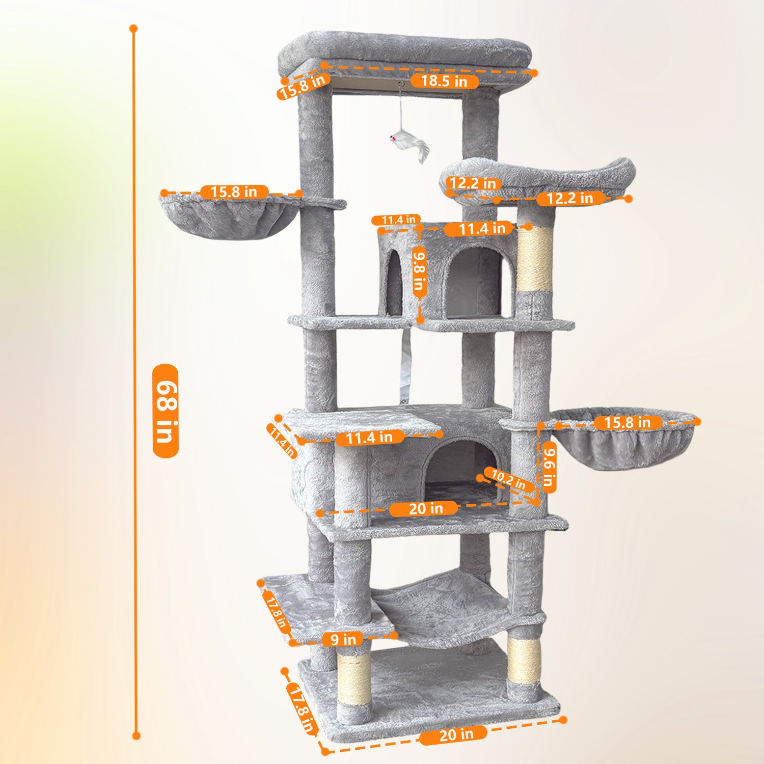 68 inch Multi-Level Cat Tree with Hammocks, Hanging Basket, Scratching Posts - Perfect for Multiple Cats CHT1