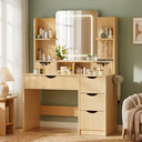 Wooden vanity with mirror and shelves in a room with green walls and a lamp.