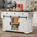 K&K 53.7' Farmhouse Kitchen Island with Power Outlet, 2 Sliding Barn Door Kitchen Storage Island with Drop Leaf, Spice Rack Rolling Kitchen Cart on Wheels, for Home, Kitchen and Dining Room, White