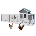 Gray Wooden Chicken Coop Outdoor Hen House with Run, Waterproof Roof & Nesting Box, Rabbit Duck Poultry Cage with Perch, Sliding Tray, and Secure Locks