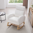 015B-Teddy Fabric Leisure Rocking Chair,Nursery Rocking Chair With Adjustable Footstool,Thickened Headrest And High Backrest, Storage Pocket On The Right Side,The Base Rocker Is Solid Wood,White