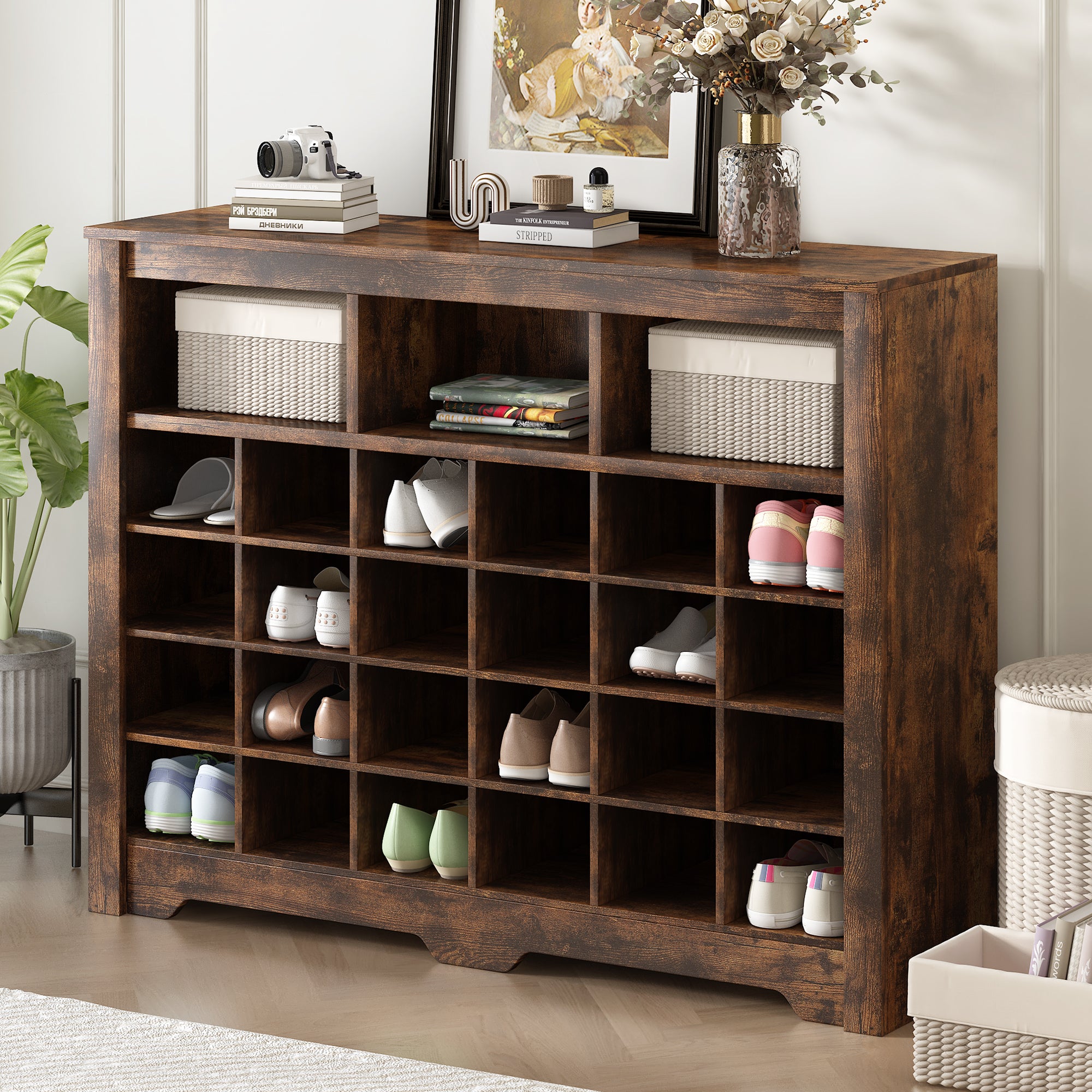 ON-TREND Sleek Design 24 Shoe Cubby Console, Modern Shoe Cabinet with Curved Base, Versatile Sideboard with High-quality for Hallway, Bedroom, Living Room, Rustic Brown