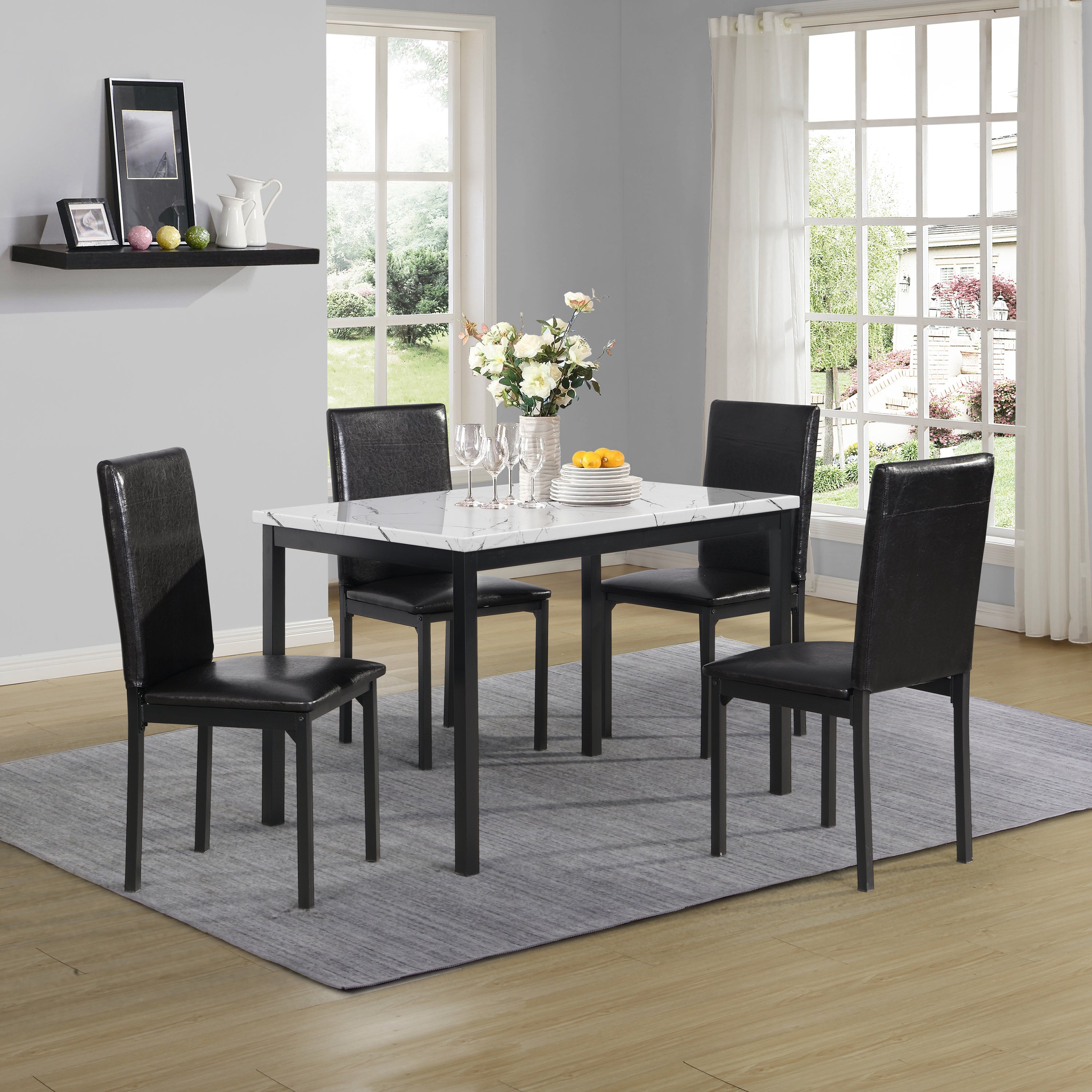 Citico Metal Dinette Set with Laminated Faux Marble Top, White Table with Black Chairs, 5 Piece