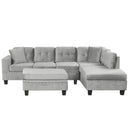 Gray velvet modern sectional sofa with L-shape design, includes storage ottoman, two pillows, and cup holders, suitable for living room and sectionals collections.
