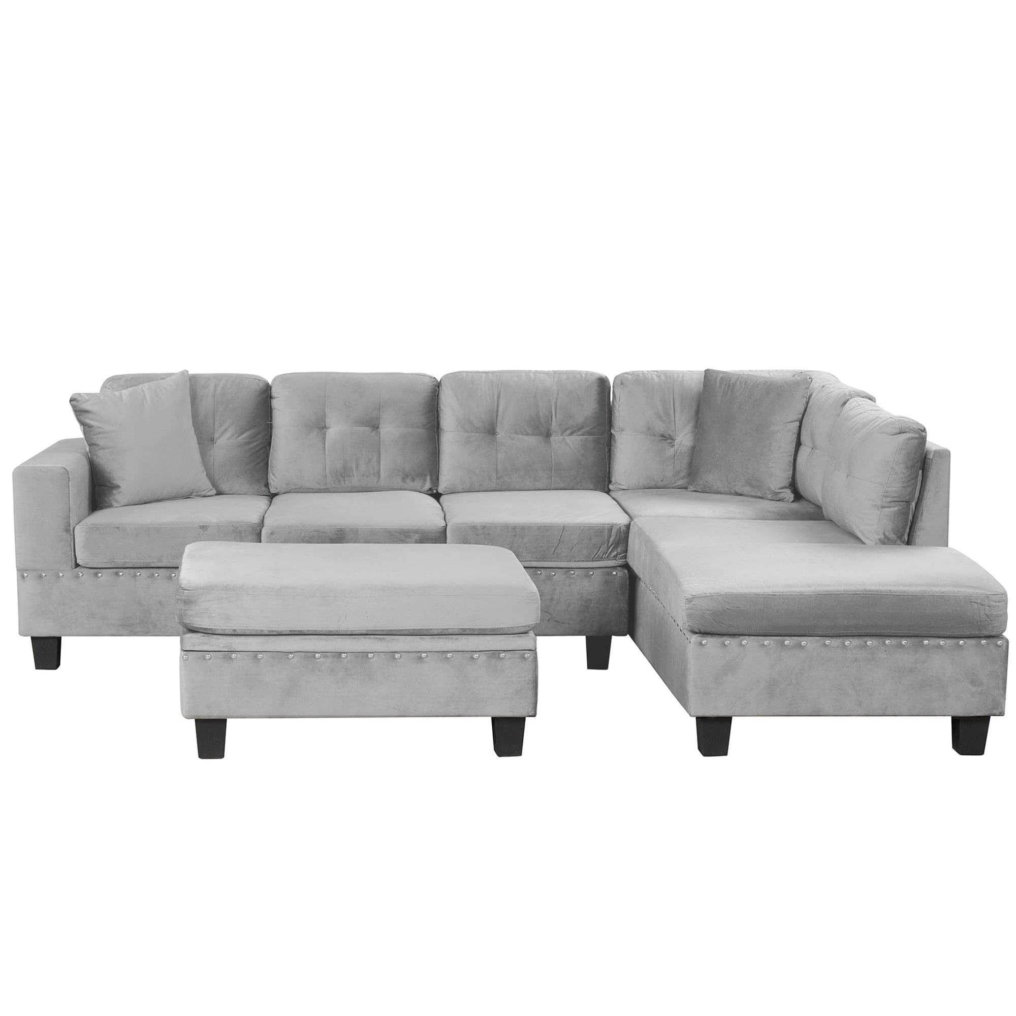 Modern Sectional Sofa with Storage Ottoman, L-Shape Couch with 2 Pillows and Cup Holders, Gray Velvet, 105 inch