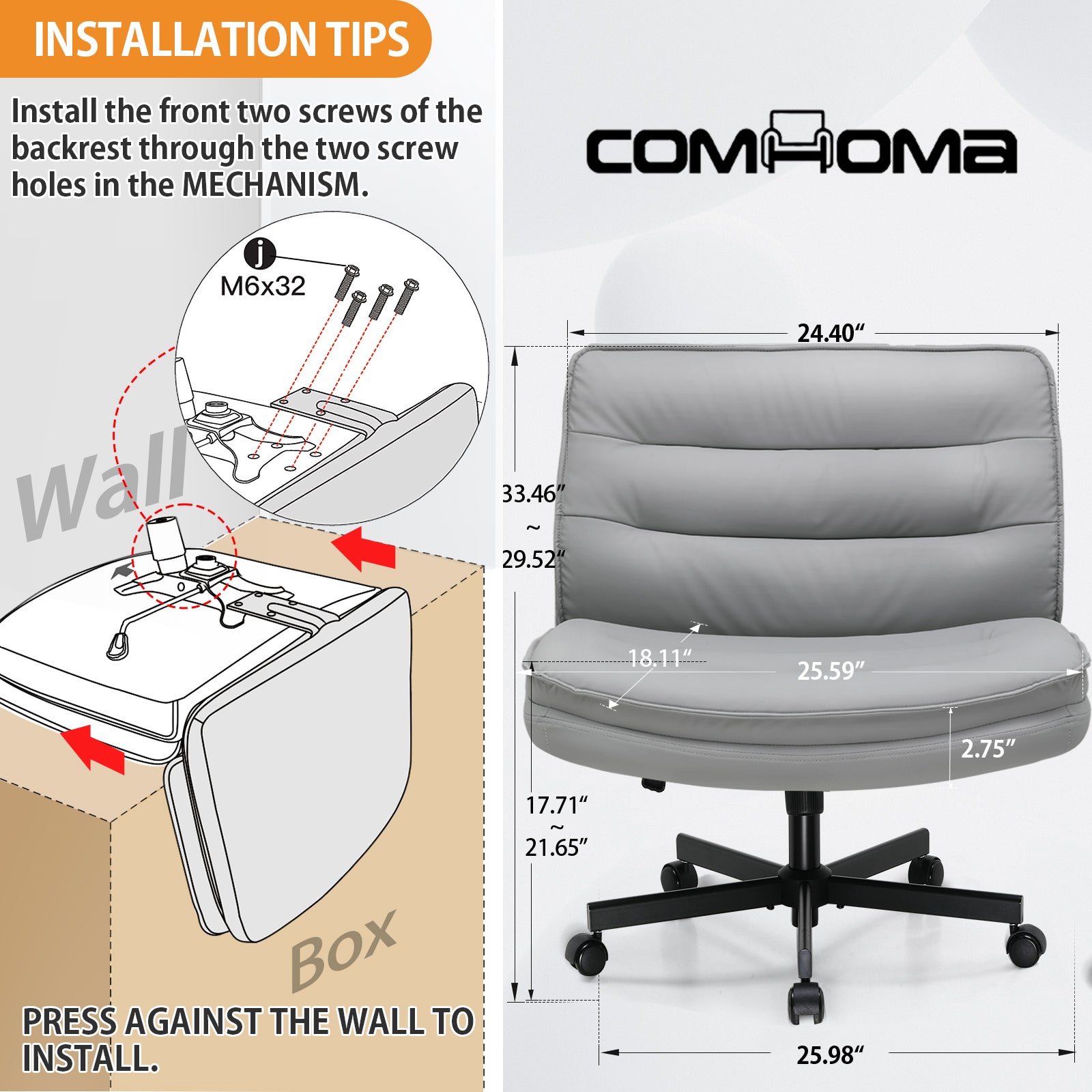 COMHOMA Armless Office Desk Chair with Wheels, PU Leather Padded Cross Legged Office Chair,WMT-CH310