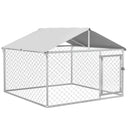 Outdoor large dog kennel with galvanized chain link fencing and waterproof cover roof, featuring secure lock and sturdy steel frame for protection and durability.