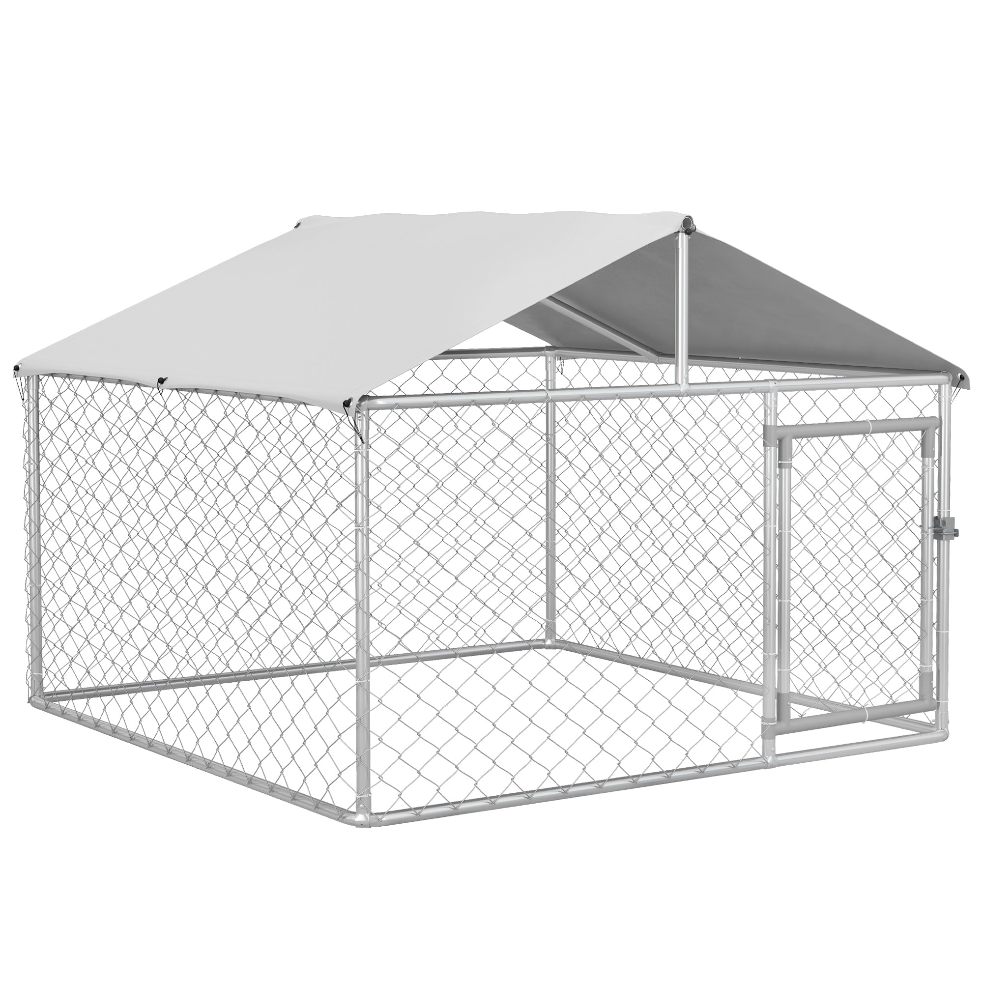 Outdoor large dog kennel with galvanized chain link fencing and waterproof cover roof, featuring secure lock and sturdy steel frame for protection and durability.