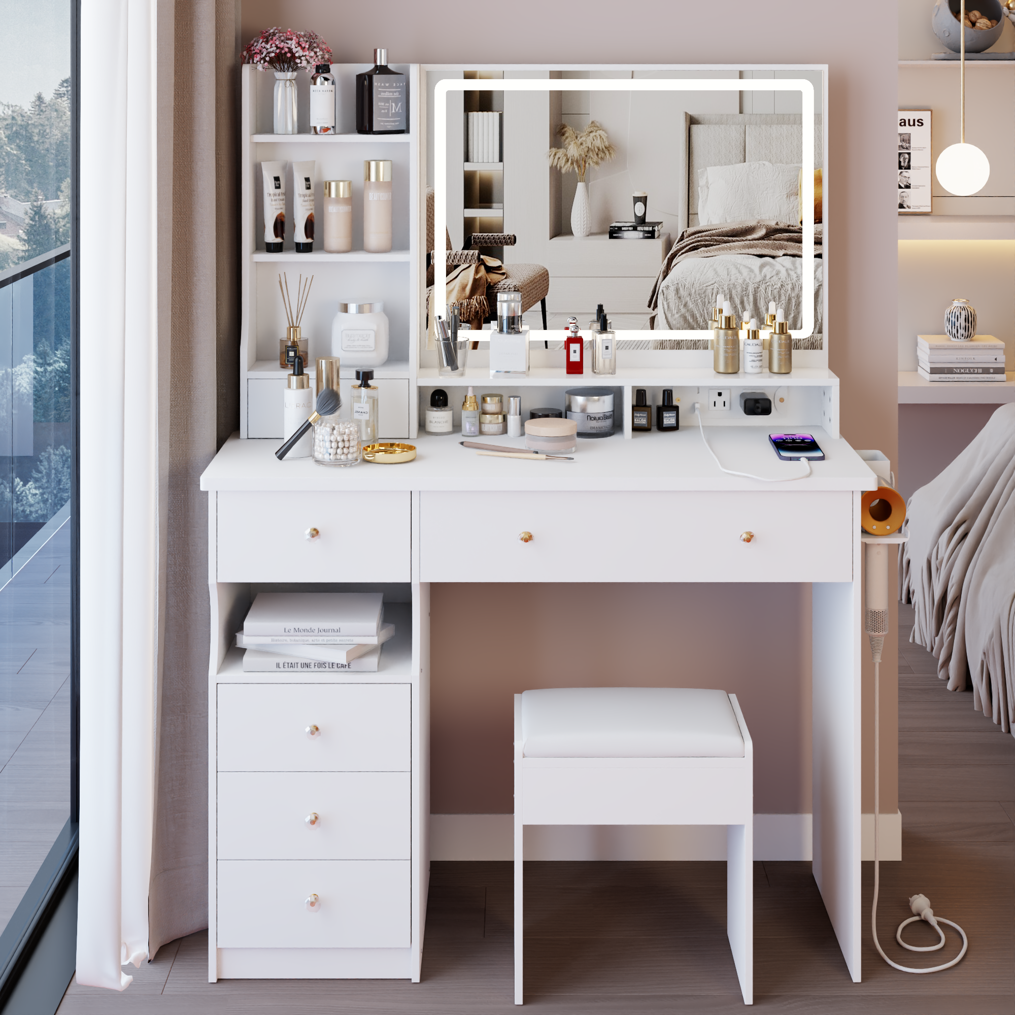 41' Large Size Left Drawer Desktop Vanity Table+Cushioned Stool Dresser Set, 2 AC+2 USB Power Station, Hair Dryer Stand, Extra Large Touch Control LED Mirror, 3-color Switch, EPA, GCC, UL Certificate