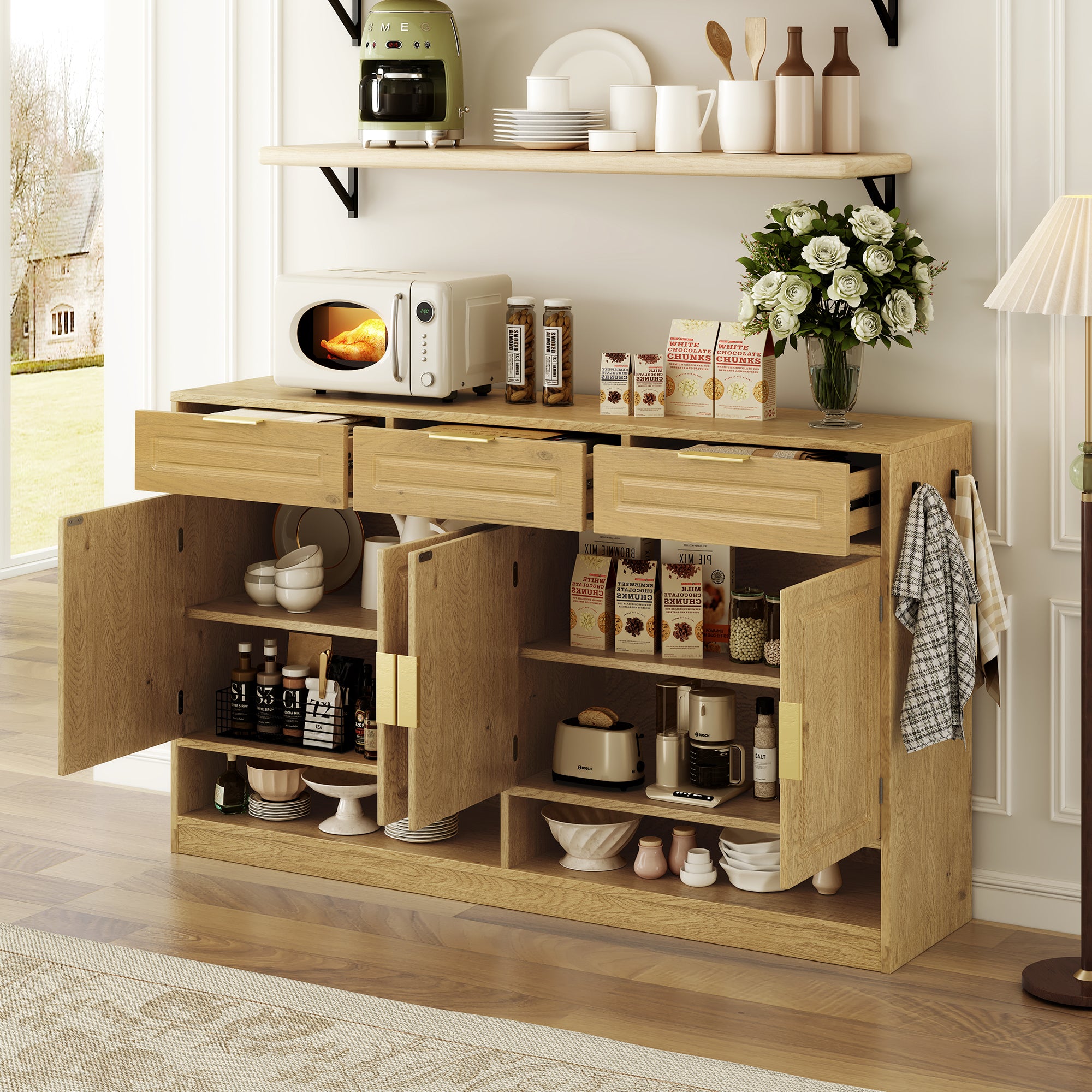 U-Style Farmhouse Sideboard with 3 Drawers & 4 Doors,59.1' Multi-Functional Storage Buffet with Adjustable Shelf and Open Storage Compartments, Suitable for Dining Room, Living Room, Entryway.