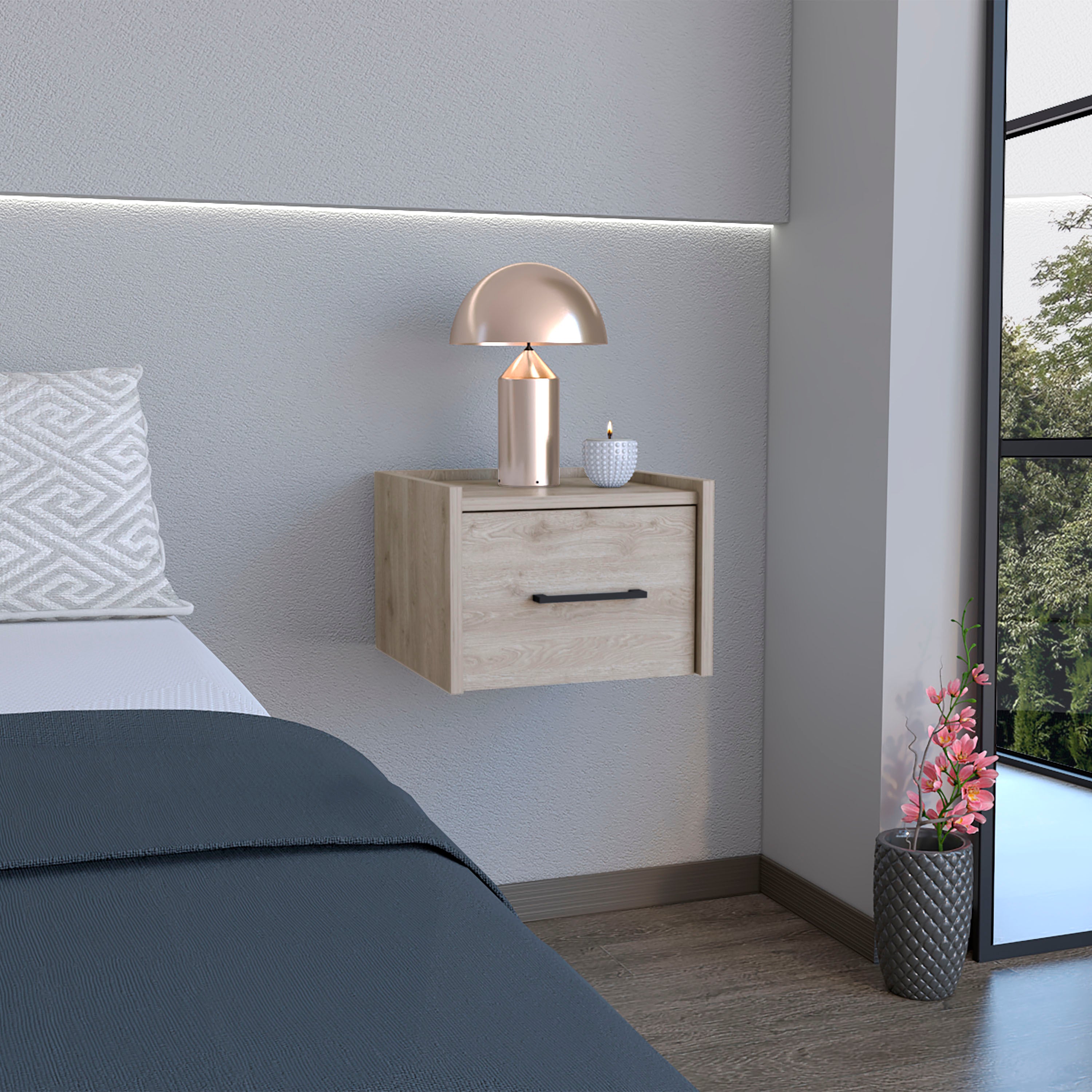 Floating Nightstand, Space-Saving Design with Handy Drawer and Surface, Light Gray